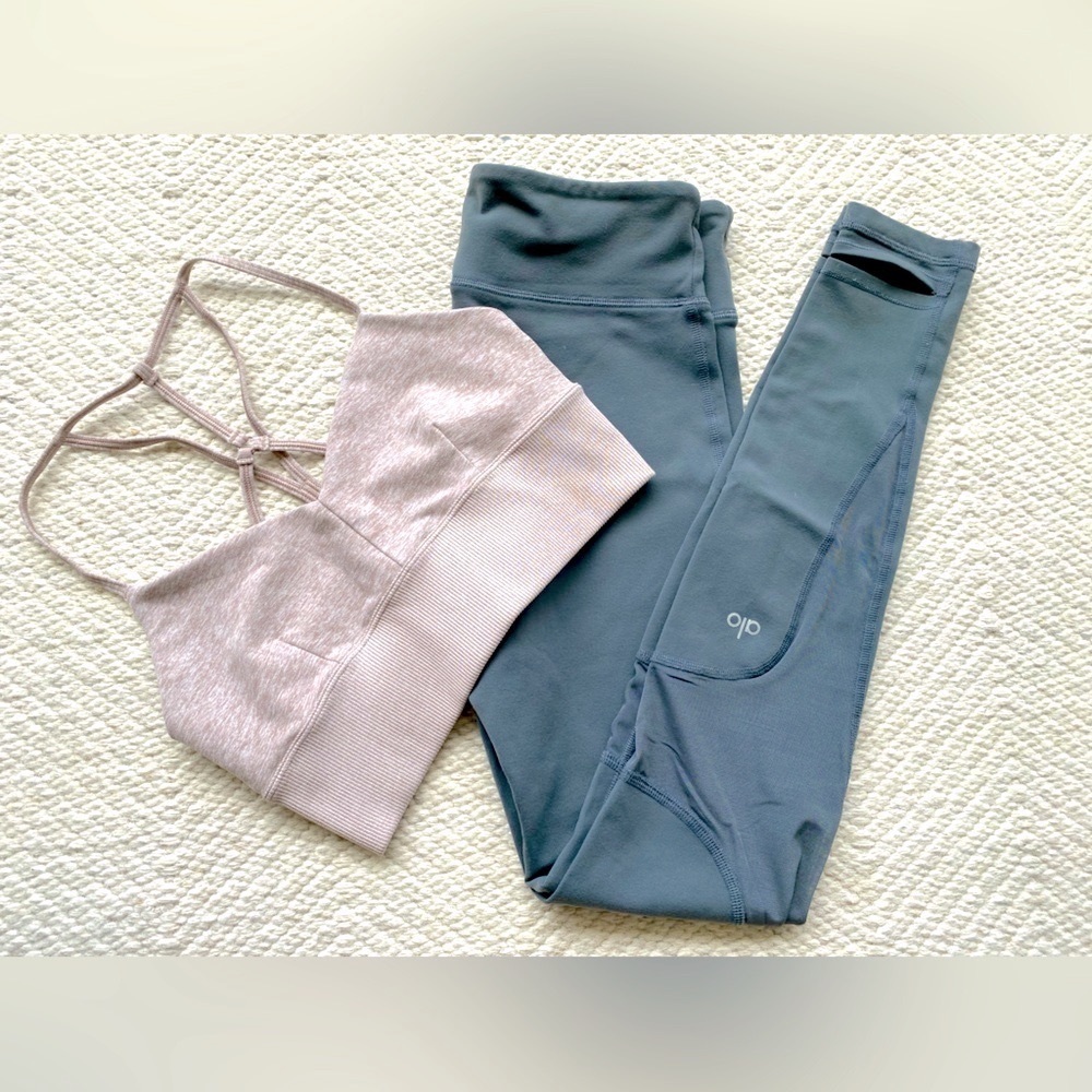 Set: Alo grey leggings with mesh sides sz M with Alo blush pink sports bra sz S